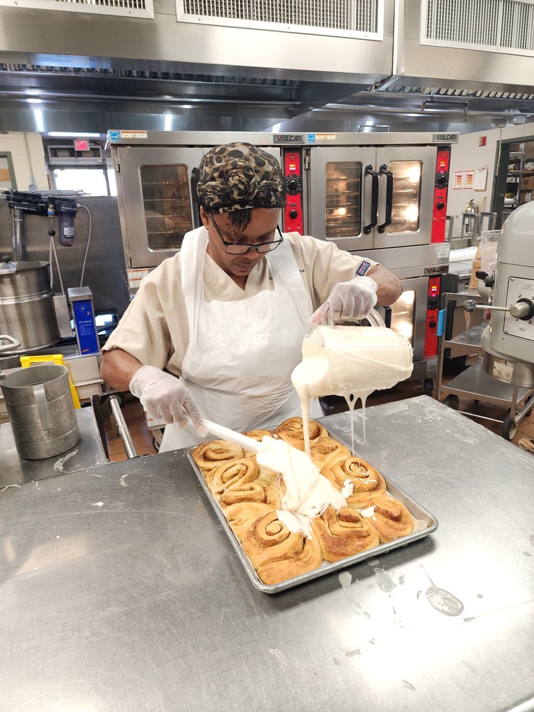 The school nutrition staff at Claxton Elementary has been hard at work today making cinnamon rolls for tomorrow.