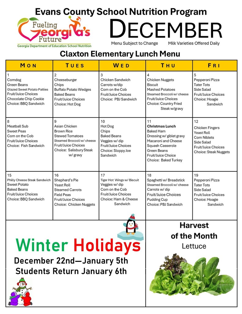 December CES Lunch Menu
