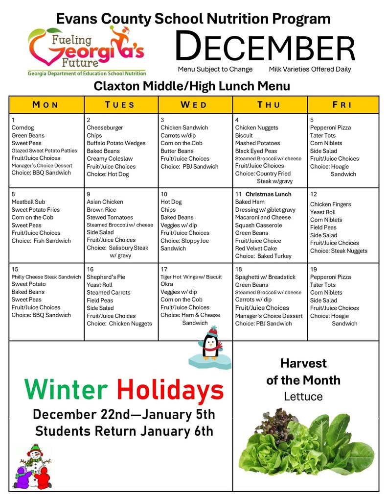 December CMS/CHS Lunch Menu
