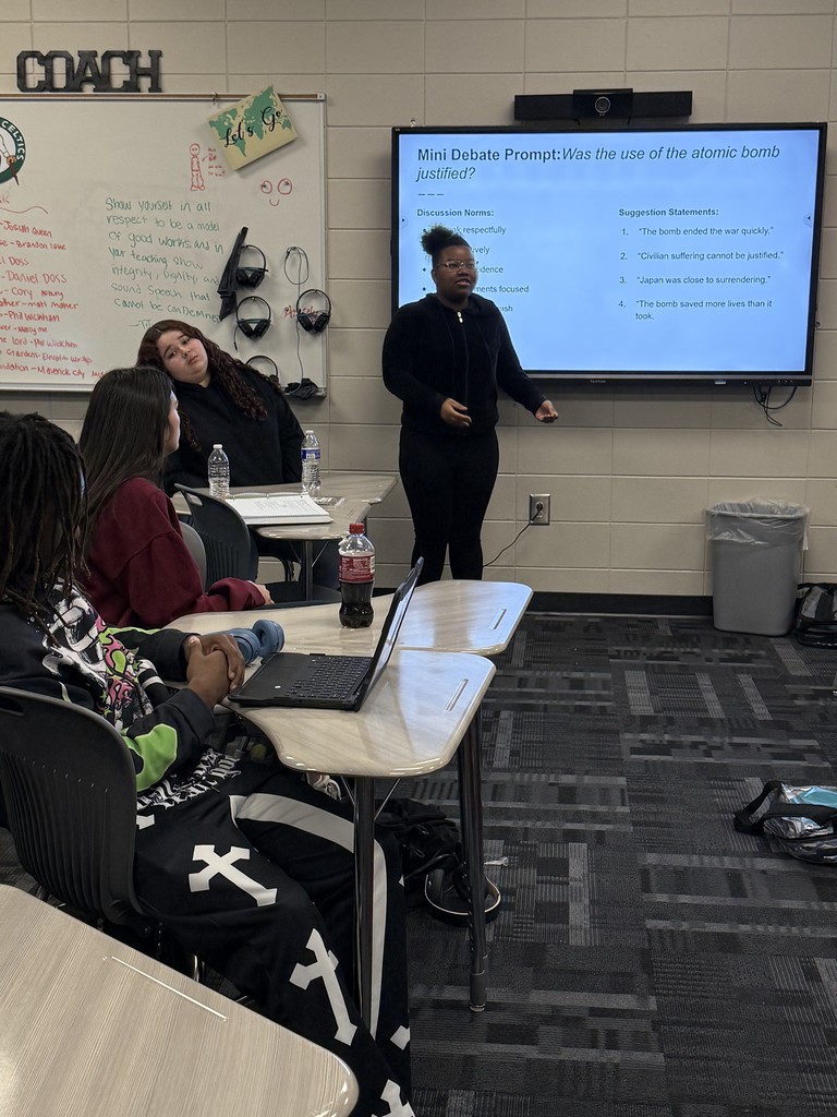 Image showing Deep Dive into WWII History! 🧠  Coach Lanier's class has been examining the complex history of Japan, tracing its path from a traditional state to an empire and finally to a democracy. Students covered Japan's reasoning for bombing Pearl Harbor and the intense battles in the Pacific Theater. 🚢  Aftere a lesson focused on the United States' decision to use the atomic bomb, students then engaged in a thoughtful and rigorous debate on whether the use of the bomb was historically justified. This is critical thinking in action! 💡 #WorldHistory #WWII #AtomicBombDebate #CriticalThinking 📚