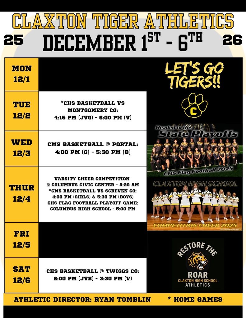 Claxton Tiger Athletics Weekly Schedule December1st-6th
