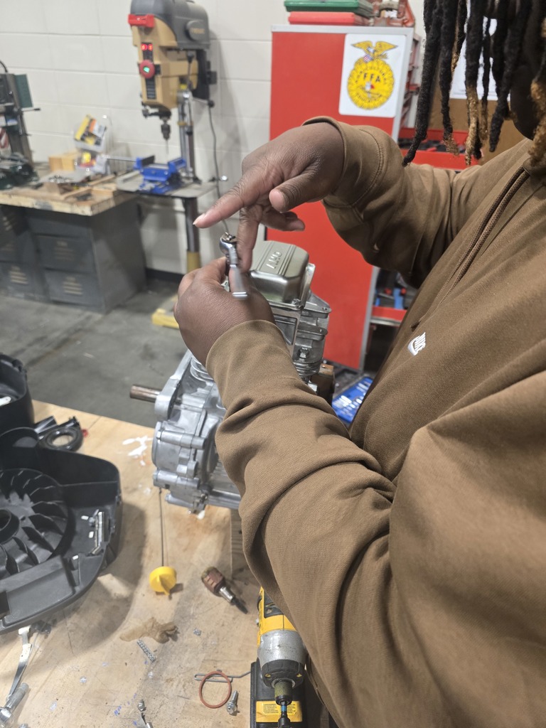 Image showing Future Mechanics at Work! 🔧🚜 Mr. Turner's Agriculture Mechanics class is getting deep into the inner workings of an engine! Students are gaining invaluable hands-on experience by learning how to disassemble an engine completely, understand its components, and then reassemble it correctly. 💡 This essential skill teaches precision, problem-solving, and the foundational engineering principles required for success in agricultural equipment maintenance. Great job, mechanics! #TheDEN #AgMechanics #EngineRepair #HandsOnLearning #SkilledTrades #MrTurnersClass 🖤💛