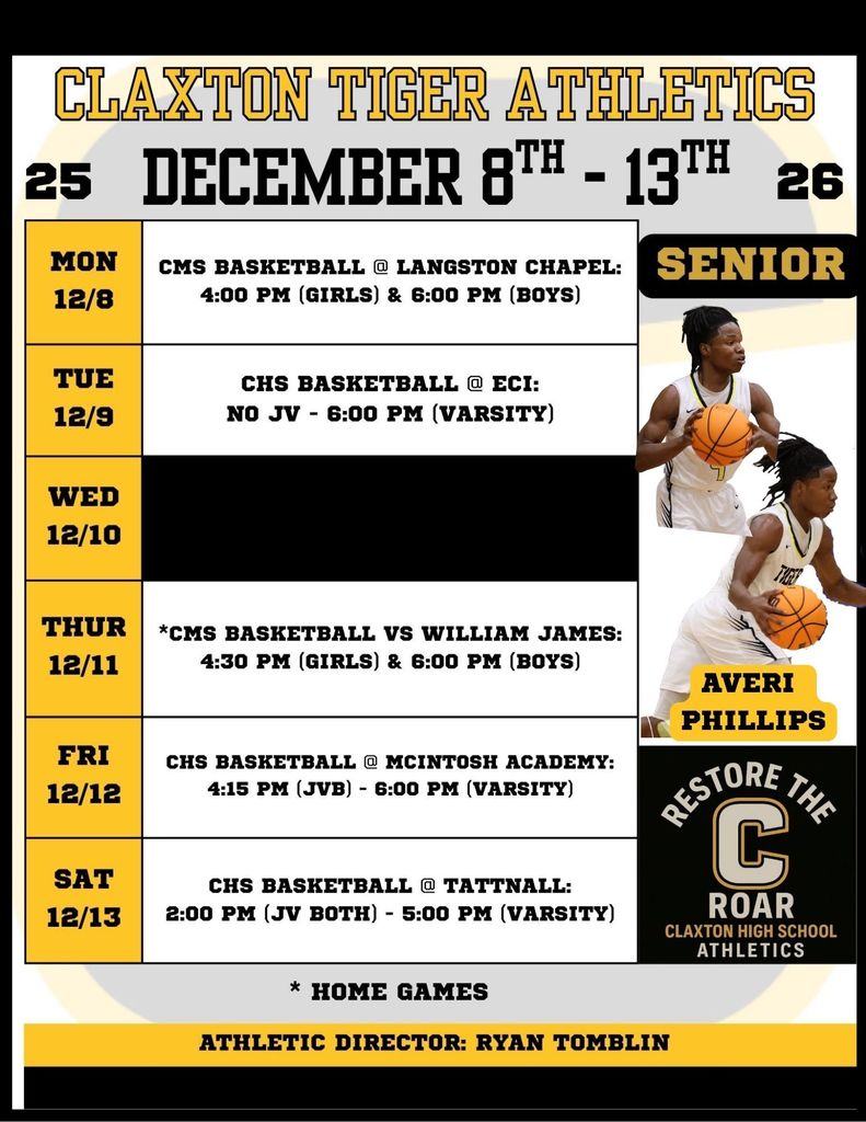 Claxton Tiger Athletics Weekly Schedule Dec8-13