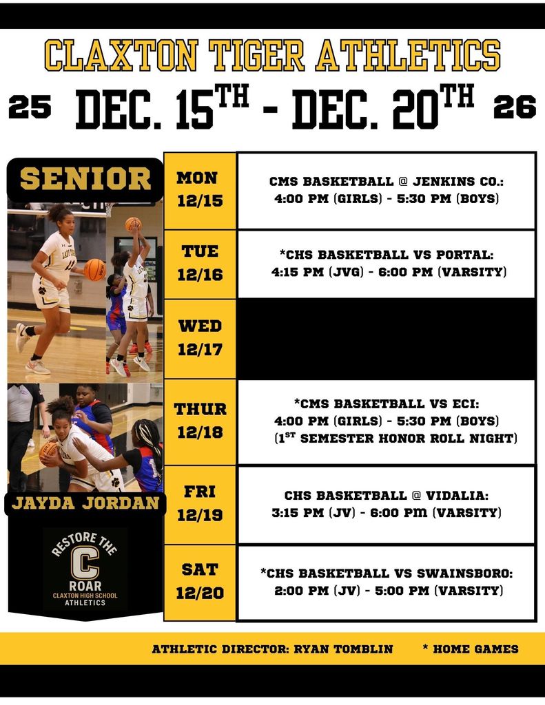 Claxton Tiger Athletics Weekly Schedule