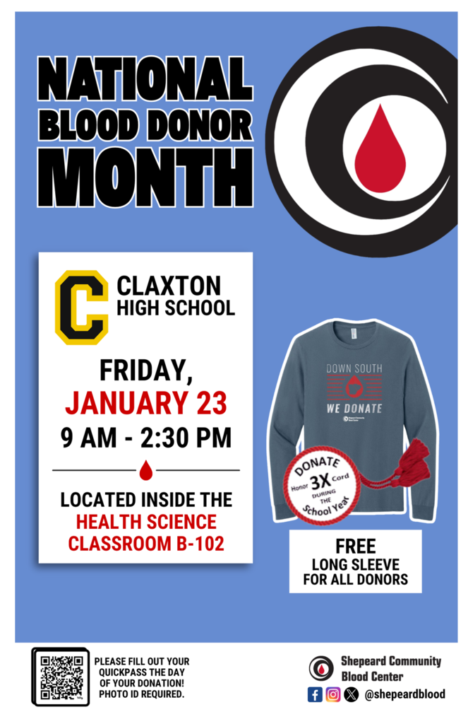 Image showing Be a Hero in Our Community! ❤️🩸DON'T FORGET- TOMORROW!  Claxton High School is proud to partner with Shepeard Community Blood Center for a campus blood drive! We invite our students, staff, and the entire Evans County community to join us in saving lives.  When: Friday, January 23rd  Time: 9:00 a.m. – 2:30 p.m.  Where: CHS Healthcare Science Classroom  Important Requirements:  Age: Must be at least 16 years old to donate.  Consent: 16-year-olds must have a signed parental consent form (available from Mrs. Welch).  Identification: A photo ID is required at the time of donation.  How to Schedule: Please see Mrs. Welch to schedule your donation time and ensure our drive runs smoothly.  Thank you for your generosity and for supporting local patients in need!  #TheDEN #BloodDrive #ShepeardCommunity #SaveALife #EvansCounty 🖤💛
