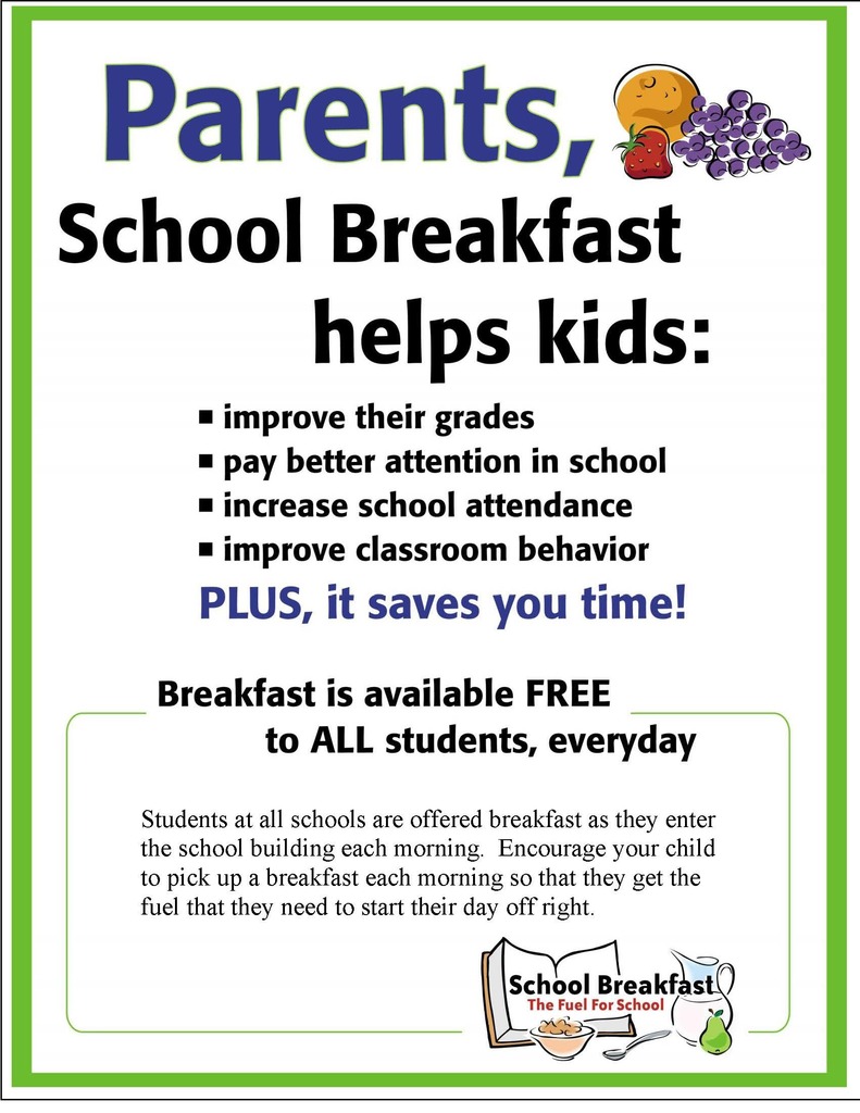 Flyer for  parents encouraging students to eat breakfast at school.