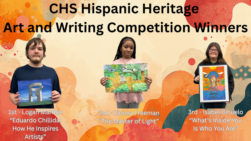 Image showing 🎨✍️We are incredibly proud to announce the winners of the CHS Hispanic Heritage Art and Writing Competitions! Our 9th-12th grade students did an amazing job exploring influential figures and cultural traditions. Please join us in congratulating these talented individuals: 🏆 9-12 Division I: Art & Writing 1st Place: Logan Marden — “Eduardo Chillida: How He Inspires Artists” 2nd Place: Zionna Freeman — “The Master of Light” 3rd Place: Isabel Binuelo — “What’s Inside You Is Who You Are” 🏆 9-12 Division II: Writing Only 1st Place: Aubrey Hendrix — “Daniel Suarez: Mexican Pride of Nascar” 2nd Place: Rachel Wilkie — “Dia de los Muertos” 3rd Place: Ramon Soto — “From Dreams of Baseball to Reggaeton Stardom: The Journey of Daddy Yankee” Thank you to all the students who participated and shared their creativity with us! 🖤💛 #HispanicHeritage #StudentSuccess #CreativeWriting #ArtsInEducation #TigerPride