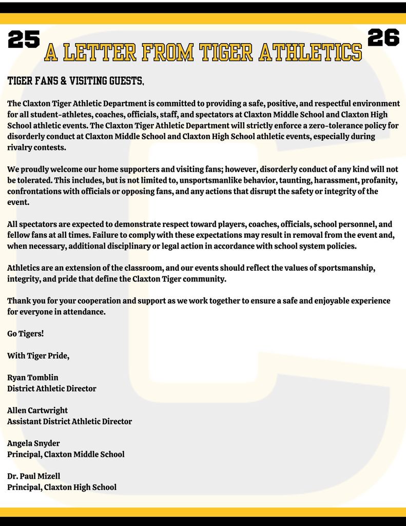 A Letter From Tiger Athletics Regarding Game Safety