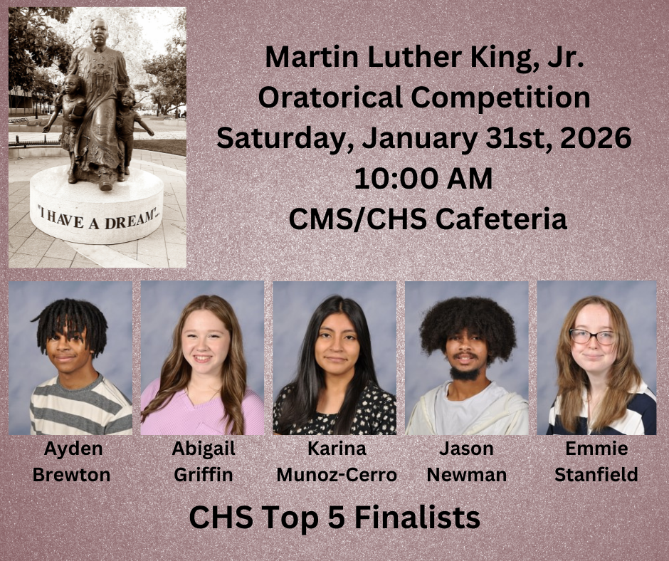 Image showing 🎤 Martin Luther King, Jr. Oratorical Competition: CHS Top 5 Finalists Congratulations to our CHS Top 5 Finalists in the Martin Luther King, Jr. Oratorical Competition! These students have worked incredibly hard to prepare their speeches, and we are so proud of their dedication and critical thinking. We invite everyone to join us to hear these powerful voices as the winner is chosen. 📅 Event Information: Date: Saturday, January 31st, 2026 Time: 10:00 AM Location: CMS/CHS Cafeteria 🏆 The Finalists: Ayden Brewton (10th Grade) Topic: “Thurgood Marshall” Teacher: Lanier Abigail Griffin (11th Grade) Topic: “Wangari Maathai” Teacher: Lewis Karina Munoz-Cerro (10th Grade) Topic: “Critically Thinking for the Better” Teacher: Lanier Jason Newman (11th Grade) Topic: “Septima Poinsette Clark and the Power of Critical Thinking for Social Change” Teacher: Lewis Emmie Stanfield (9th Grade) Topic: “Cesar Chavez—Critical Thinking for Farmers’ Rights” Teacher: Lanier We are incredibly proud of the effort each student and teacher has put into this competition. Good luck to all our finalists—we look forward to seeing you shine! 🖤💛 #MLKOratorical #StudentVoices #CriticalThinking #ClaxtonTigers #FutureLeaders