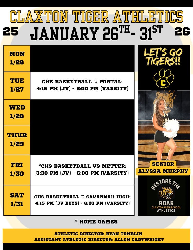Claxton Weekly Athletic Schedule January 26th - 31st