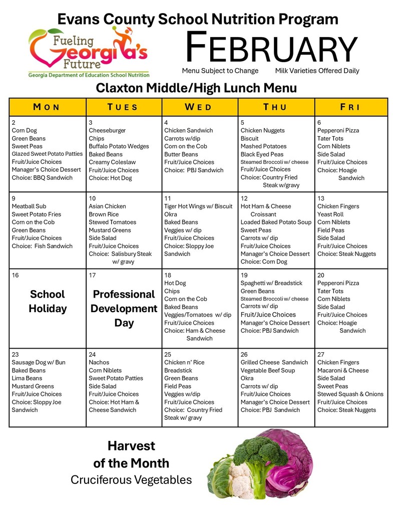 CMS/CHS February Lunch Menu