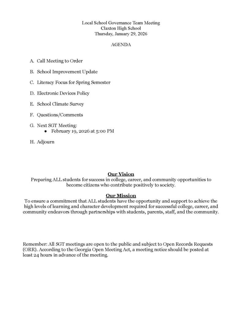 Image showing 📢 Invitation: CHS School Governance Team Meeting 📢 All are welcome to attend the upcoming Claxton High School School Governance Team (SGT) meeting! We encourage parents, staff, and community members to join us to discuss important topics related to our school. Meeting Details: Date: Thursday, January 29, 2026 Time: 5:00 PM Location: CMS/CHS PLT Room Please see the attached agenda for a list of discussion items. If you have any questions, please contact Dr. Paul Mizell at pmizell@evanscountyschools.org. #CHSSGT #SchoolGovernance #AllAreWelcome 🖤💛