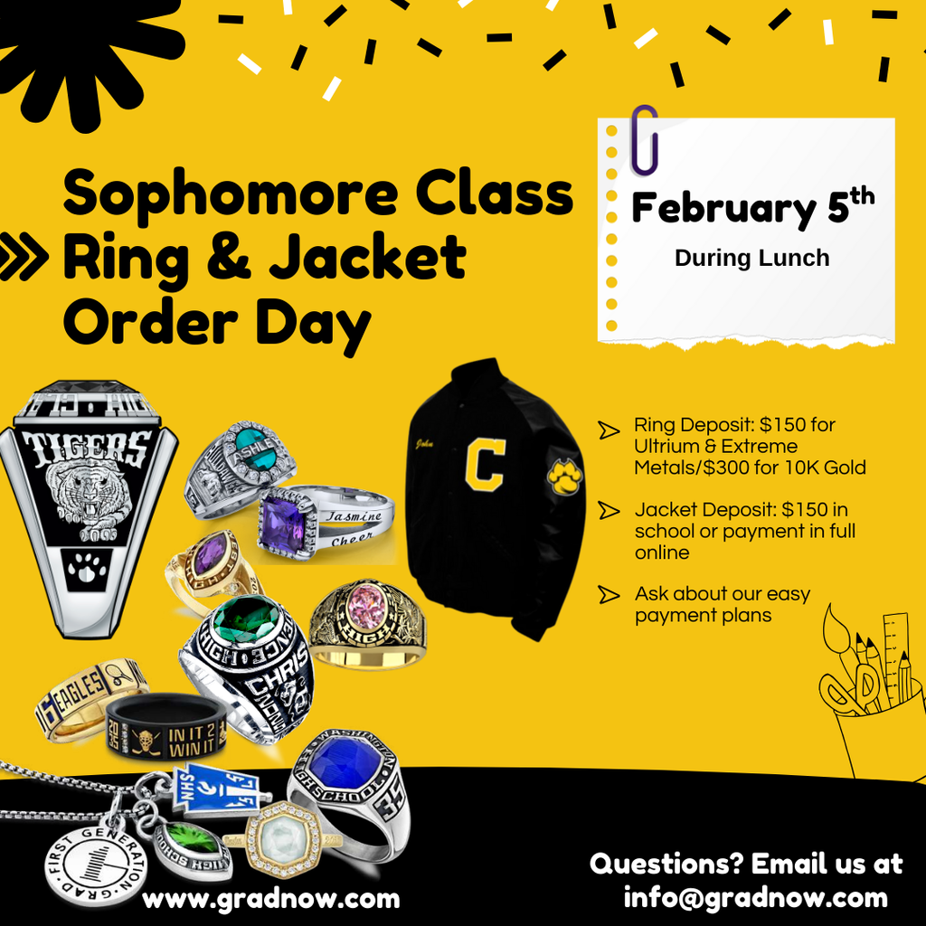 Image showing 💍 Sophomores: It’s Time to Gear Up! 🧥 Attention all members of the Class of 2028 and their families! The time has finally come to order your official Sophomore Class Rings and Letterman Jackets. Herff Jones representatives will be on campus to help you design your custom gear, answer questions, and take your orders in person. 📅 Event Details: When: Thursday, February 5th, 2026 Time: During both CHS lunches (12:27 PM – 1:20 PM) Where: CHS Cafeteria 💰 Deposit & Payment Information: Ring Deposits: $150 or $300 (depending on the type of ring selected). Jacket Deposits: $150 (for orders placed at school). Payment Plans: Herff Jones offers payment plans to make your purchase easier! 🔍 Want to Browse Early? Check out styles and information ahead of time at www.gradnow.com or email your questions to info@gradnow.com. Don’t miss out on these symbols of your high school journey! 🐯🖤💛 #ClassOf2028 #SophomoreYear #ClassRings #LettermanJackets #HerffJones