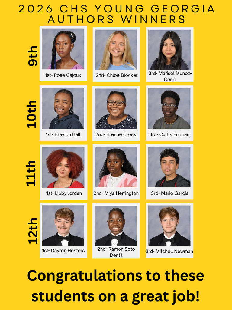 Image showing ✍️ Wordsmiths of CHS: 2026 Young Georgia Authors Winners! 🏆 We are thrilled to announce the winners of the 2026 Young Georgia Authors (YGA) Writing Competition for Claxton High School! These students have demonstrated exceptional creativity, voice, and writing skills.  Their winning pieces will now move forward to represent CHS at the First District RESA writing competition. Join us in celebrating these talented Tigers! 🐯🖤💛  9th Grade 1st Place: Rose Cajoux  2nd Place: Chloe Blocker  3rd Place: Marisol Munoz-Cerro  10th Grade 1st Place: Braylon Ball  2nd Place: Brenae Cross  3rd Place: Curtis Furman  11th Grade 1st Place: Libby Jordan  2nd Place: Miya Herrington  3rd Place: Mario Garcia  12th Grade 1st Place: Dayton Hesters  2nd Place: Ramon Soto Dentil  3rd Place: Mitchell Newman  📖 What is the Young Georgia Authors Competition? The Young Georgia Authors (YGA) writing competition has been celebrating the writing successes of Georgia students for more than 20 years. Sponsored by the Georgia Council of Teachers of English (GCTE) and the Georgia Department of Education, this competition is unique because it is open to all types of writing—not just classroom assignments!  Creative Freedom: Students can submit short stories, poetry, essays, journals, or even alternative fiction.  The Process: Winners are chosen at the school level, then move to the District/RESA level. From there, one winner per grade is chosen to compete at the state level.  The Goal: YGA aims to promote writing across the curriculum and provide a platform for students to share their unique voices and perspectives.  We are so proud of these students for putting their thoughts onto paper and sharing them with the world. Good luck at the FDRESA level!  #YoungGeorgiaAuthors #StudentWriters #LiterarySuccess #ClaxtonTigers  📚✨