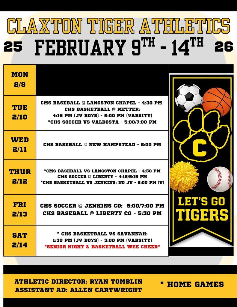 Claxton Tiger Athletics Weekly Schedule for February 9th