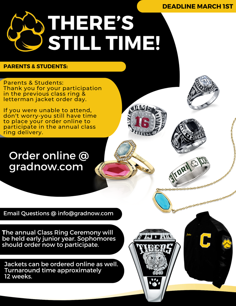 Image showing ⚠️ DEADLINE ALERT: MARCH 1st ⚠️  Still need to order your Class Ring or Letterman Jacket?  Visit gradnow.com.  Select Claxton High School.  Place your order by March 1st!  Questions? Contact Herff Jones at info@gradnow.com.