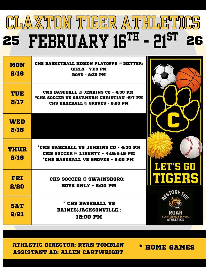 Claxton Tiger Weekly Athletic Schedule for Week of February 16-21