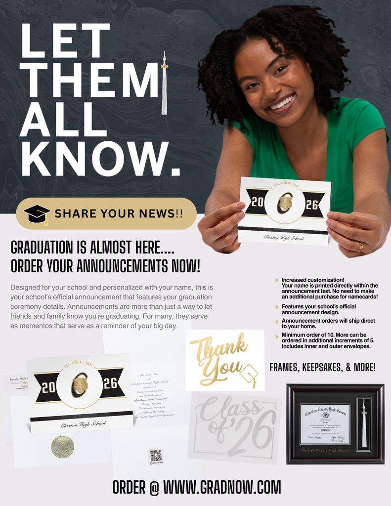 Image showing 🎓 Class of 2026: It’s Time to Share the News! 🎓  Seniors, you’ve worked hard for four years—now it’s time to make it official! Have you ordered your graduation announcements yet?  Custom announcements are the perfect way to invite loved ones to graduation and keep as a keepsake for years to come. Herff Jones offers a variety of styles and packages to fit every graduate's personality.  💻 Where to Order: Visit www.gradnow.com  Make sure you have everything you need to celebrate your achievement! 🐯🖤💛  #ClassOf2026 #GraduationBound #SeniorYear #HerffJones