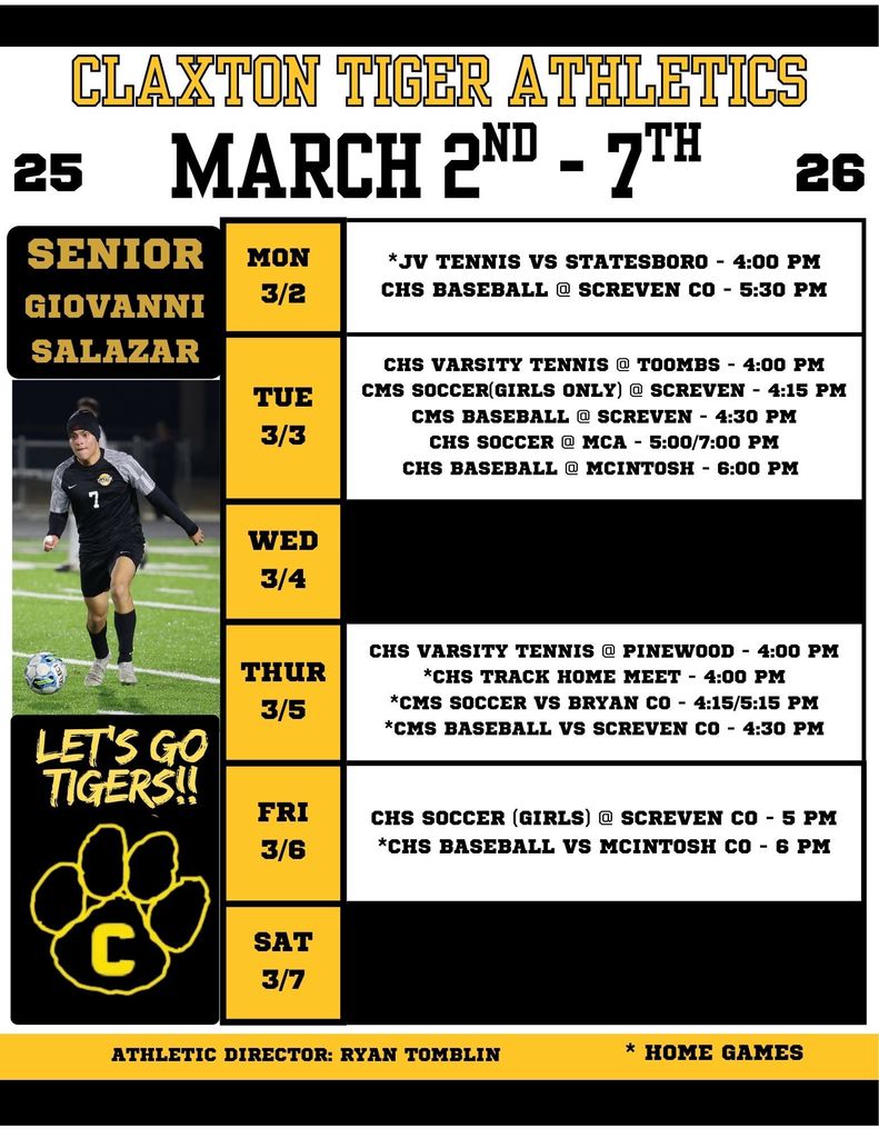 Claxton Tiger Athletics Weekly Schedule March 2nd-7th 2026