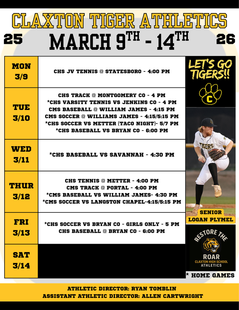 Claxton Tiger Athletics Weekly Schedule UPDATED