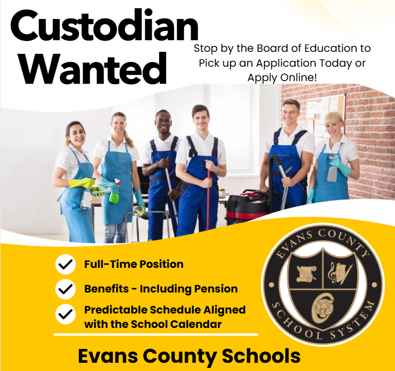 Custodian Wanted.  Stop by the Board of Education to Pick up an Application Today or Apply Online!  - Full Time Position  - Benefits, including position  - Predictable Schedule Aligned with the School Calendar 