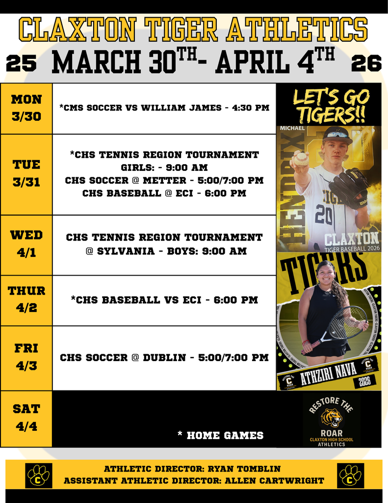 Claxton Tiger Athletics Weekly Schedule Mar 30- Apr 4