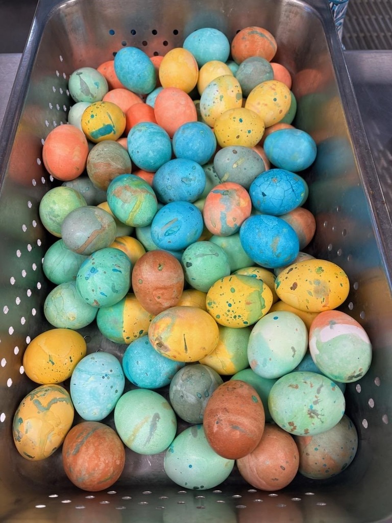 Students in the Year 1 Culinary Course who off their eggs they dyed for lunch on Friday.