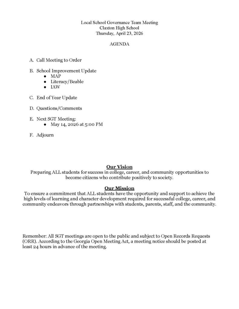 Image showing 🗓️ Save the Date: Your Voice Matters at CHS! 🐯  We are calling on all Tigers—students, parents, faculty, staff, and community members! Please mark your calendars for the upcoming Claxton High School School Governance Team (SGT) Meeting.  The SGT is a vital part of our school’s success, providing a space for stakeholders to collaborate on the future of CHS. We would love to have your input and perspective as we work together to support our students.  📅 Date: Thursday, April 23, 2026  ⏰ Time: 5:00 PM  📍 Location: CMS/CHS PL Room  📋 Agenda: Please see the image attached to this post.  If you have any questions prior to the meeting, please feel free to contact our principal, Dr. Paul Mizell. We look forward to seeing you there!  #SGT #CommunityEngagement #SchoolGovernance #ClaxtonHigh #StrongerTogether
