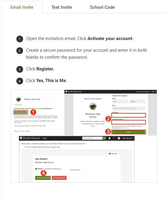 An image showing the screens you will see when registering your ParentSquare account