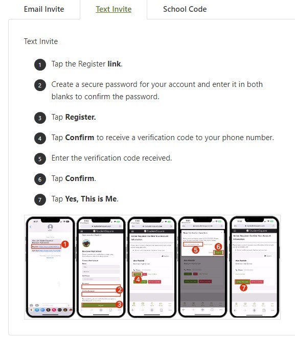 An image showing the screens you will see when registering your ParentSquare account