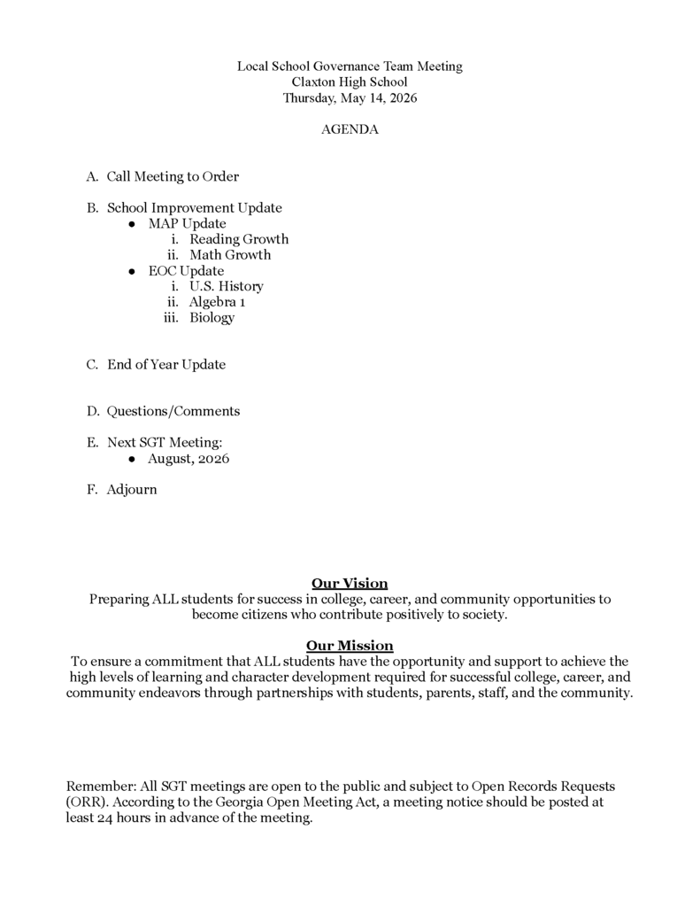 Image showing Calling all CHS stakeholders to the CHS School Governance Team Meeting that will be held on Thursday, May 14, 2026 at 5PM in the CMS/CHS PLT Room. Please see the attached agenda for the topics that will be discussed. If you have any questions, please contact Dr. Paul Mizell at pmizell@evanscountyschools.org or 912-739-3993. 