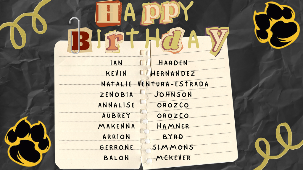Happy birthday to Ian, Kevin, Natalie, Zenobia, Annalise, Aubrey, Makenna, Arrion, Gerrone, and Balon