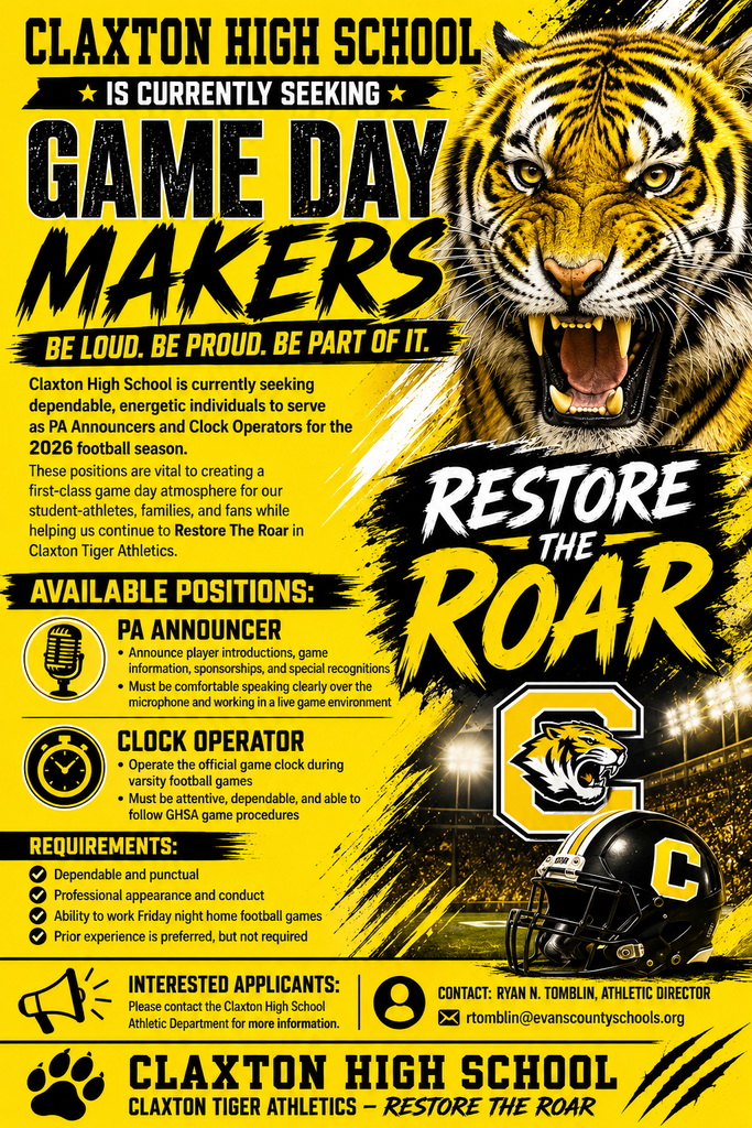 Claxton High School is currently seeking dependable energetic individuals to serve as PA announcers and clock operators