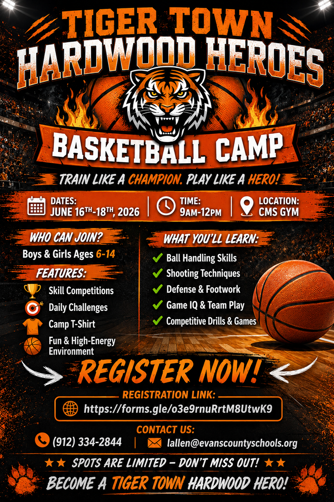 Image showing 🏀 CALLING ALL FUTURE BASKETBALL STARS! 🏀 Ready to elevate your game and train like a champion? The Tiger Town Hardwood Heroes Basketball Camp is officially open for registration! Whether you're just starting out or looking to sharpen your skills, this high-energy camp is the perfect place to level up your game this summer. 📅 CAMP DETAILS Dates: June 16th – 18th, 2026 Time: 9:00 AM – 12:00 PM Location: CMS Gym Who: Boys & Girls (Ages 6–14) 🔥 WHAT YOU'LL LEARN & EXPERIENCE From fundamentals to fast breaks, we're covering it all: Core Skills: Ball handling, shooting techniques, defense, and footwork. Game IQ: Team play strategies and competitive drills. The Perks: Daily challenges, skill competitions, a fun environment, and an official Camp T-Shirt! 🚀 SECURE YOUR SPOT Spots are strictly limited, so don't wait until the final buzzer sounds to sign up! 🔗 Use this link to register now: https://forms.gle/o3e9rnuRrtM8UtwK9 📞 Need more info? > Reach out to us at (912) 334-2844 or email lallen@evanscountyschools.org. Become a Tiger Town Hardwood Hero! 🐯⚡ #TigerTown #HardwoodHeroes #BasketballCamp #SummerCamp2026 #YouthSports #HoopDreams #EvansCountySchools