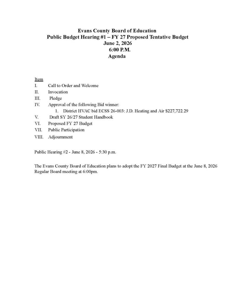 Public FY 27 Budget Hearing #1 Agenda