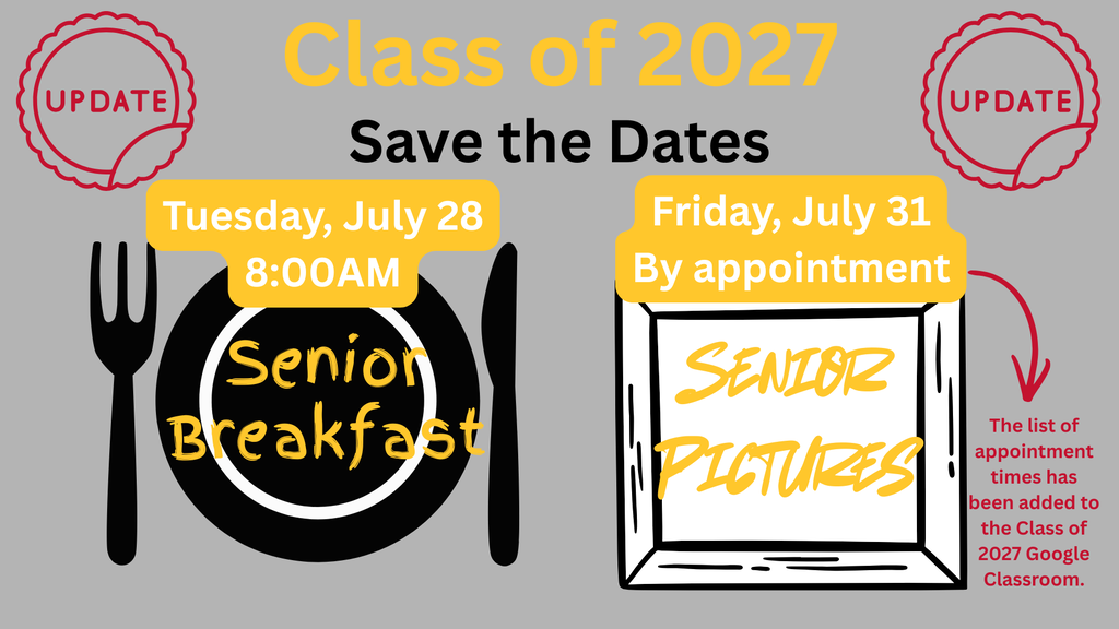 Image showing 🚨 CLASS OF 2027: Big Senior Milestones Happen NEXT WEEK! 🥞📸 Happy Friday, Seniors! The countdown is officially in the single digits. We want to make sure all of our rising seniors and families have their schedules set for next week's big events! As a reminder, our schedule looks a little different this year, so please double-check your dates: 🥞 1️⃣ SENIOR BREAKFAST 📅 When: Next Tuesday, July 28, 2026 at 8:00 AM 📍 Where: CMS/CHS Cafeteria ✨ Come ready to eat, catch up with friends, and celebrate the official start of your senior year! 📸 2️⃣ SENIOR PORTRAITS 📅 When: Next Friday, July 31, 2026 💻 Appointment Times: Don't guess your time! The complete list of individual portrait slots has been posted in the Class of 2027 Google Classroom. Make sure you log in this weekend to double-check your assigned time so you don't miss your session. Enjoy your weekend, Tigers! We can't wait to see you all on Tuesday morning! 🐯🖤💛 #ClassOf2027 #SeniorYear #SeniorBreakfast #SeniorPortraits #ClaxtonHighSchool #TigerPride