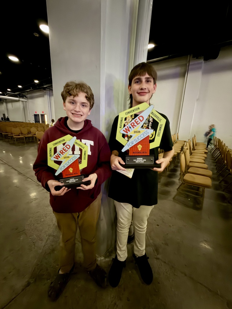 Image showing 🏆 NATIONAL HARDWARE COMING HOME TO CLAXTON! 🏆 Huge congratulations to the Claxton Middle School BETA team for an incredible showing at the National BETA Convention in Nashville, Tennessee! Out of roughly 9,000 students from 18 states, our small, rural Title I school went toe-to-toe with the biggest districts in the country—and proved that hard work and talent can beat anyone. Join us in celebrating our national winners and competitors: 🥈 Rhett Barnicoat: 2nd Place in the Nation (U.S. History) 🏅 Kason Pack: 7th Place in the Nation (English Language Arts) 🏅 Aylin Mendez-Cerro, Yazmine Gonzalez, & Lillian Pelkey: 6th Place out of 100 schools in the "Reimagine, Recreate, Recycle" Exhibition for their amazing life-sized cardboard Elvis and Grand Ole Opry tribute! 👏 Aylin Mendez-Cerro: Top 20 National Academic Qualifier (Spanish) 👏 Rhett Barnicoat & Kason Pack: Competed against 100 schools in "Convention Invention." 👏 Jaylen Allen & Zachery Valentine: Competed against 100 schools in "Create & Animate" digital animation. We are so incredibly proud of these students for representing our community with leadership, creativity, and academic excellence on the national stage! 🐯🎉 #ClaxtonBeta #NationalBeta #TigerPride #BetaConvention2026 #ProudCommunity