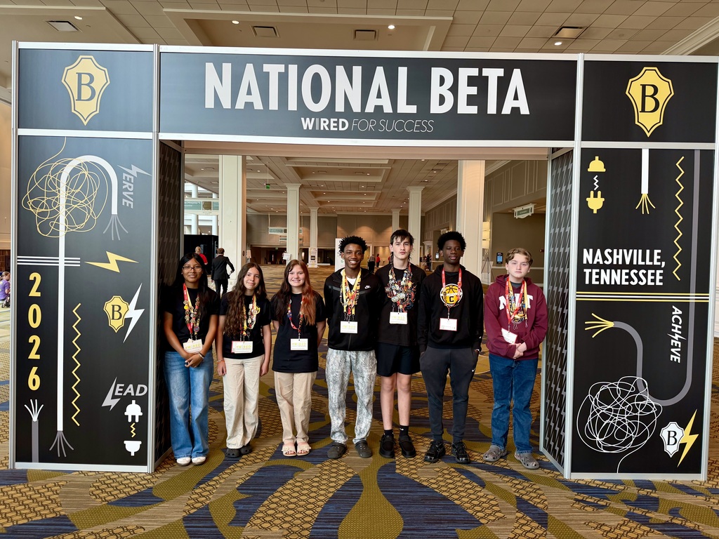 Image showing 🏆 NATIONAL HARDWARE COMING HOME TO CLAXTON! 🏆 Huge congratulations to the Claxton Middle School BETA team for an incredible showing at the National BETA Convention in Nashville, Tennessee! Out of roughly 9,000 students from 18 states, our small, rural Title I school went toe-to-toe with the biggest districts in the country—and proved that hard work and talent can beat anyone. Join us in celebrating our national winners and competitors: 🥈 Rhett Barnicoat: 2nd Place in the Nation (U.S. History) 🏅 Kason Pack: 7th Place in the Nation (English Language Arts) 🏅 Aylin Mendez-Cerro, Yazmine Gonzalez, & Lillian Pelkey: 6th Place out of 100 schools in the "Reimagine, Recreate, Recycle" Exhibition for their amazing life-sized cardboard Elvis and Grand Ole Opry tribute! 👏 Aylin Mendez-Cerro: Top 20 National Academic Qualifier (Spanish) 👏 Rhett Barnicoat & Kason Pack: Competed against 100 schools in "Convention Invention." 👏 Jaylen Allen & Zachery Valentine: Competed against 100 schools in "Create & Animate" digital animation. We are so incredibly proud of these students for representing our community with leadership, creativity, and academic excellence on the national stage! 🐯🎉 #ClaxtonBeta #NationalBeta #TigerPride #BetaConvention2026 #ProudCommunity