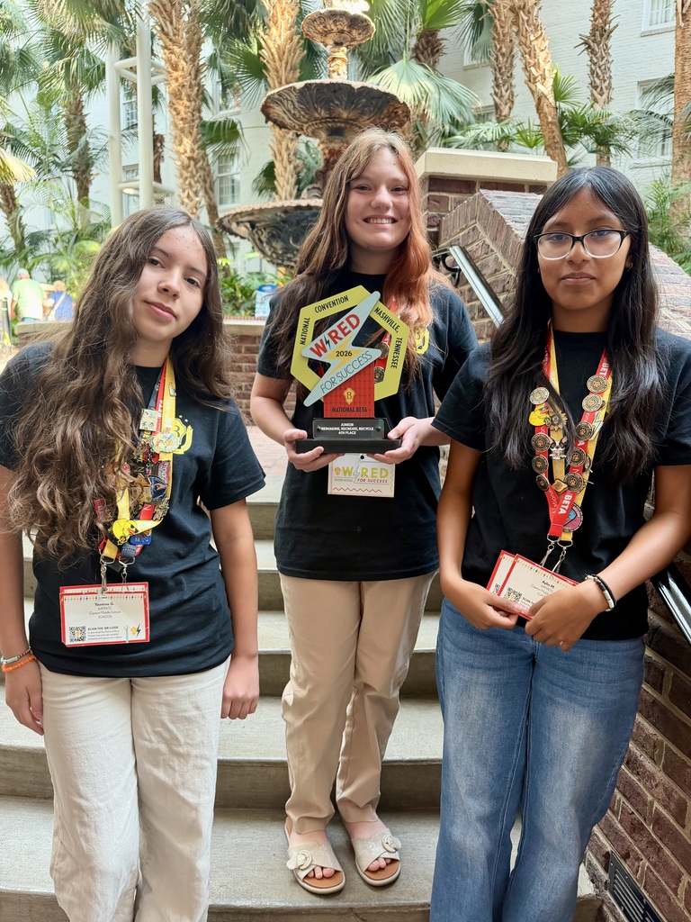 Image showing 🏆 NATIONAL HARDWARE COMING HOME TO CLAXTON! 🏆 Huge congratulations to the Claxton Middle School BETA team for an incredible showing at the National BETA Convention in Nashville, Tennessee! Out of roughly 9,000 students from 18 states, our small, rural Title I school went toe-to-toe with the biggest districts in the country—and proved that hard work and talent can beat anyone. Join us in celebrating our national winners and competitors: 🥈 Rhett Barnicoat: 2nd Place in the Nation (U.S. History) 🏅 Kason Pack: 7th Place in the Nation (English Language Arts) 🏅 Aylin Mendez-Cerro, Yazmine Gonzalez, & Lillian Pelkey: 6th Place out of 100 schools in the "Reimagine, Recreate, Recycle" Exhibition for their amazing life-sized cardboard Elvis and Grand Ole Opry tribute! 👏 Aylin Mendez-Cerro: Top 20 National Academic Qualifier (Spanish) 👏 Rhett Barnicoat & Kason Pack: Competed against 100 schools in "Convention Invention." 👏 Jaylen Allen & Zachery Valentine: Competed against 100 schools in "Create & Animate" digital animation. We are so incredibly proud of these students for representing our community with leadership, creativity, and academic excellence on the national stage! 🐯🎉 #ClaxtonBeta #NationalBeta #TigerPride #BetaConvention2026 #ProudCommunity