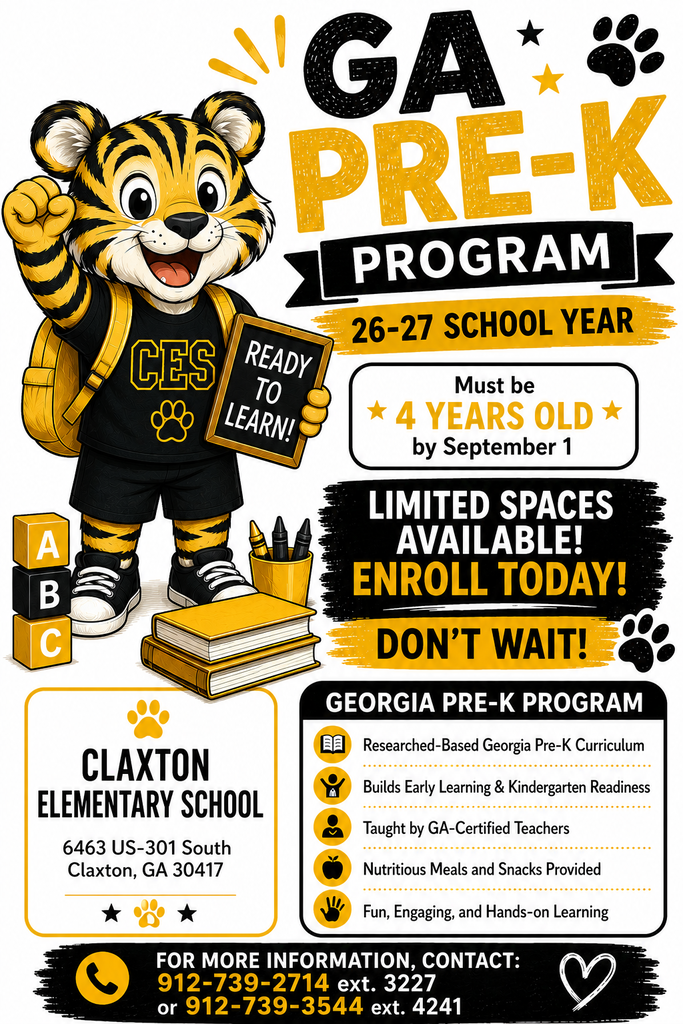 Enroll TODAY in the GA Pre-K Program for the 2026-2027 school year! Children must be four years old by September 1st. Limited spaces are available, so enroll TODAY! Don't Wait. For more information, contact: (912) 739-2714 ext. 3227 or (912) 739-3544 ext 4241.