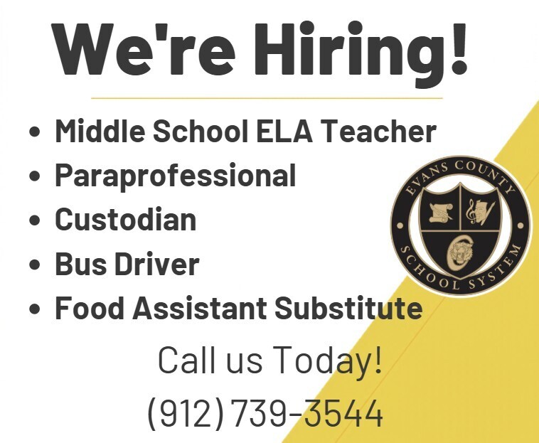 We're Hiring! - Middle School ELA Teacher - Paraprofessional - Custodian - Bus Driver - Food Assistant Substitute Call us Today! (912) 739-3544