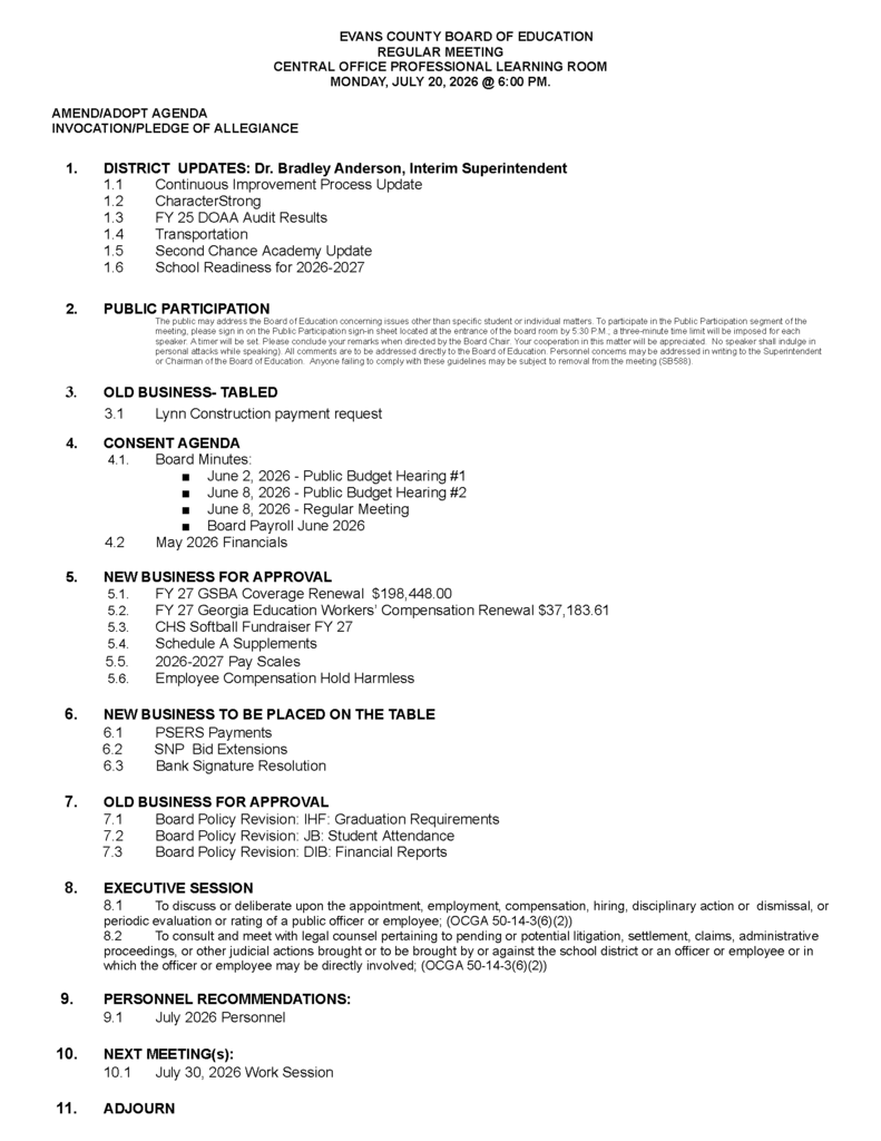 Regular Meeting Agenda