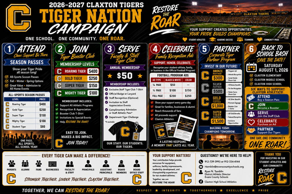 Image showing 🐅 Spirit, Community, & Tiger Pride: Join the Athletic Booster Family! 📣🏈 Are you looking for the best way to show your Tiger Pride and back our incredible student-athletes? We’ve got opportunities for everyone to get involved! Check out the attached flyers to see how you can support Tiger Athletics for the upcoming school year. Whether you are a: 🎒 Student looking to cheer from the student section, 🍎 Faculty or Staff Member supporting our kids beyond the classroom, 🏡 Community Member or Parent ready to bleed Black and Gold, or 🏢 Local Business Owner interested in valuable sponsorship options, ...there is a place for YOU on our team! Your support directly impacts our student-athletes by helping provide equipment, facilities, and unforgettable experiences. Slide through the flyers to find the pass or package that fits you best, and let’s make this season our best one yet! 🖤💛 Have questions? Please contact Athletic Director Ryan Tomblin at rtomblin@evanscountyschools.org or 912-739-3993 ext. 4598. Let's go, Tigers! 🐅🔥 #TigerPride #ClaxtonAthletics #SupportOurTigers #EvansCounty #CommunityFirst #GoTigers
