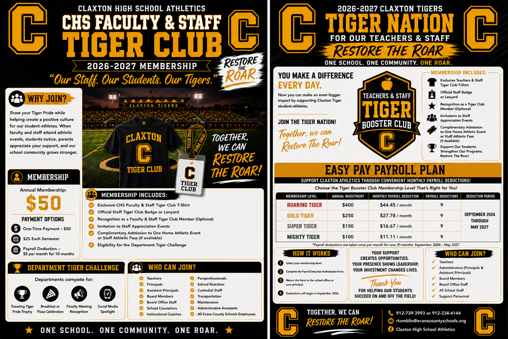 Image showing 🐅 Spirit, Community, & Tiger Pride: Join the Athletic Booster Family! 📣🏈 Are you looking for the best way to show your Tiger Pride and back our incredible student-athletes? We’ve got opportunities for everyone to get involved! Check out the attached flyers to see how you can support Tiger Athletics for the upcoming school year. Whether you are a: 🎒 Student looking to cheer from the student section, 🍎 Faculty or Staff Member supporting our kids beyond the classroom, 🏡 Community Member or Parent ready to bleed Black and Gold, or 🏢 Local Business Owner interested in valuable sponsorship options, ...there is a place for YOU on our team! Your support directly impacts our student-athletes by helping provide equipment, facilities, and unforgettable experiences. Slide through the flyers to find the pass or package that fits you best, and let’s make this season our best one yet! 🖤💛 Have questions? Please contact Athletic Director Ryan Tomblin at rtomblin@evanscountyschools.org or 912-739-3993 ext. 4598. Let's go, Tigers! 🐅🔥 #TigerPride #ClaxtonAthletics #SupportOurTigers #EvansCounty #CommunityFirst #GoTigers