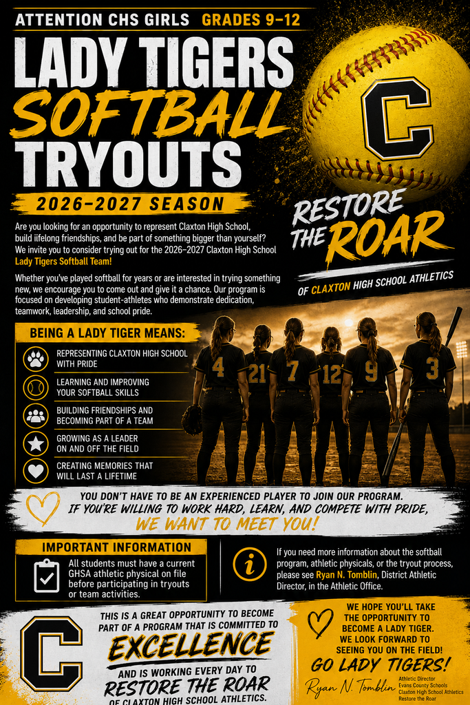 Image showing 🥎 Calling All Future Softball Stars! Lady Tigers 2026 Season 🐅💛🖤 Are you ready to step up to the plate, showcase your skills, and represent the Black and Gold? The CHS Lady Tigers Softball Team is looking for players for the upcoming 2026 season! Whether you're an experienced player or looking to bring your energy to the field, we want YOU on our team! Interested in trying out? Here's who to reach out to: 👤 Contact: Ryan Tomblin, Athletic Director 📧 Email: rtomblim@evanscountyschools.org 📞 Phone: (912) 739-3993 ext. 4598 Don't wait—reach out to Coach Tomblin today to get all the details on schedules, requirements, and tryout dates. Let's make this season unforgettable! 💪🥎🔥 Help us spread the word! #LadyTigersSoftball #CHSAthletics #TigerPride #ClaxtonHighSchool #Softball2026 #GoTigers