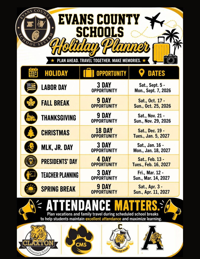 Evans County Schools Holiday Planner.  The Labor Day holiday will be a 3 day opportunity from Saturday, September 5th to Monday, September 7th.  Fall Break will be a 9 day opportunity from Saturday, October 17th to Sunday, October 25th..  Thanksgiving will be a 9 day opportunity from Saturday, November 21st to Sunday, November 29th.  Christmas will be an 18 day opportunity from Saturday, December 19th to  Tuesday, January 5, 2027.  MLK, Jr. Day holiday will be a 3 day opportunity from Saturday, January 16th to Monday, January 18th.  President's Day holiday will be a 4 day opportunity from Saturday, February 13th to Tuesday, February 16th.  There is a Teacher Planning holiday for students that will be a 3 day opportunity from Friday, March 12th to Sunday, March 14th.  Spring Break will be a 9 day opportunity from Saturday, April 3rd to Sunday, April 11th.