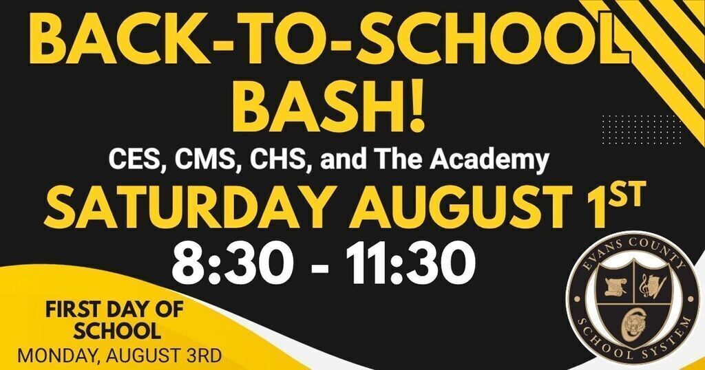 A Back-to-School Bash will be held at CES, CMS, CHS, and The Academy on Saturday, August 1st from 8:30 AM until 11:30 AM. Come meet your teacher! The First Day of School is Monday, August 3rd!