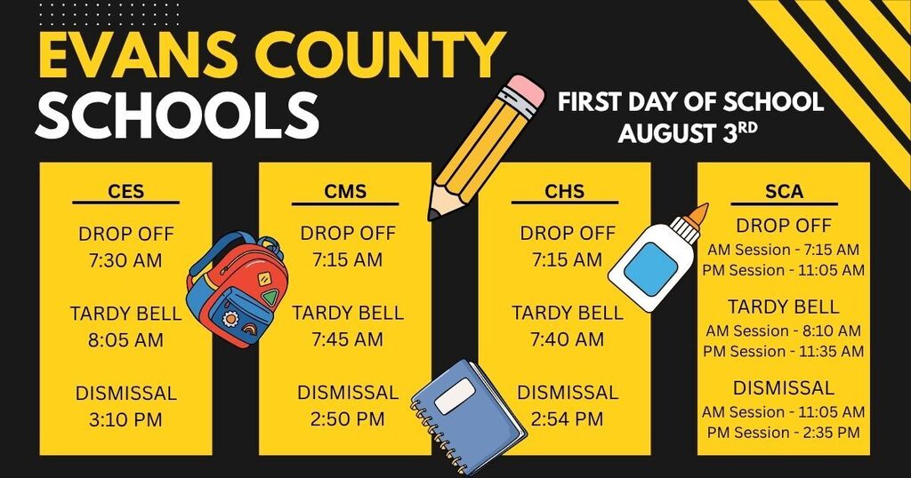Here are need-to-know times for CES: Drop off is at 7:30 AM. The tardy bell rings at 8:05 AM. Dismissal is at 3:10 PM. Here are the need-to-know times for CMS: Drop off is at 7:15 AM. The tardy bell rings at 7:45 AM. Dismissal is at 2:50 PM. Here are the need -to-know times for CHS: Drop Off is at 7:15 AM. The tardy bell rings at 7:40. Dismissal is at 2:54. Here are the need-to-know times for SCA. The AM session drops off starting at 7:15 AM and the PM session drops off starting at 11:05 AM. The tardy bell rings for the AM session at 8:10 AM and rings for the PM session at 11:35 AM. Dismissal for the AM session is at 11:05 AM and at 2:35 PM for the PM Session.