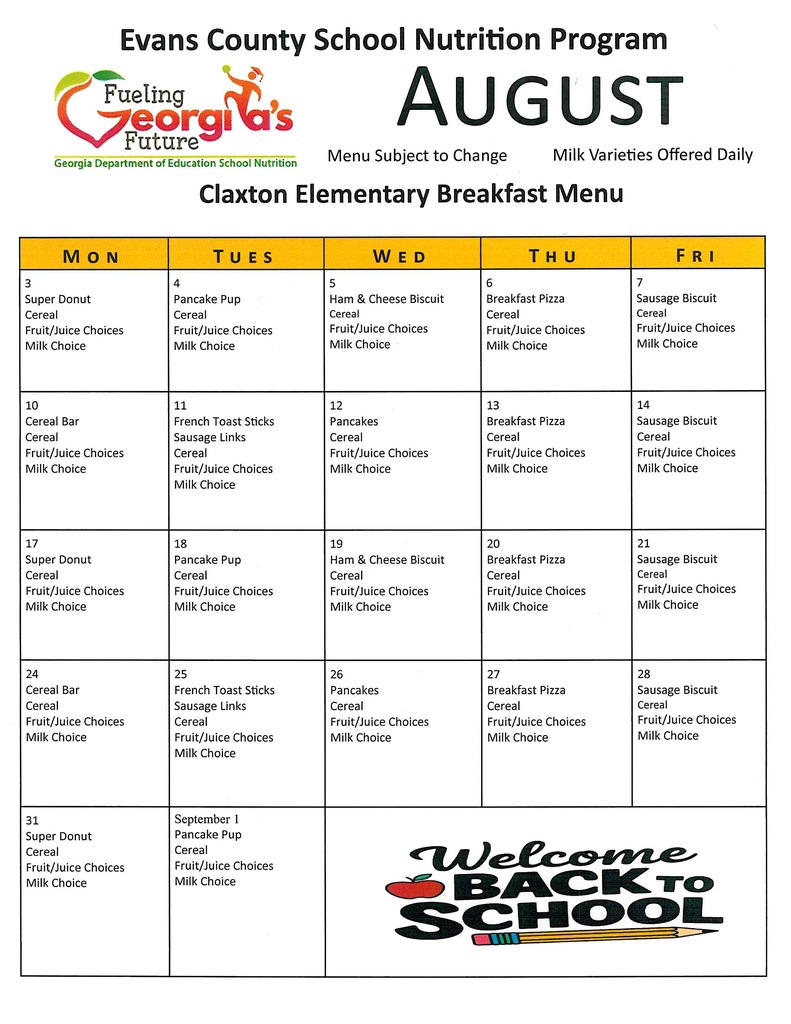 Claxton Elementary Breakfast Menu