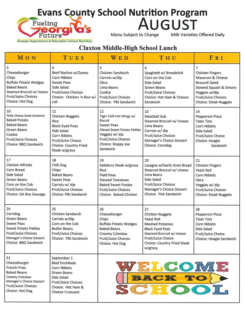 Claxton Middle-High Lunch Menu